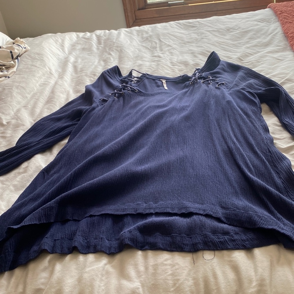Navy Free People lace up gauze tunic